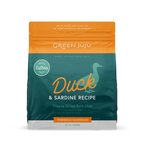 Green Juju Freeze Dried Extras Dog & Cat Food - Duck & Sardine - 14oz Pouch