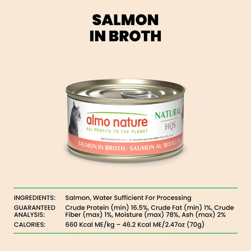 Almo Nature Natural HQS Wet Cat Food - Salmon in Broth - 2.47oz Can
