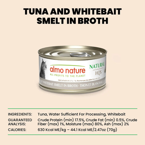 Almo Nature Natural HQS Wet Cat Food - Tuna & Whitebait Smelt in Broth - 2.47oz Can