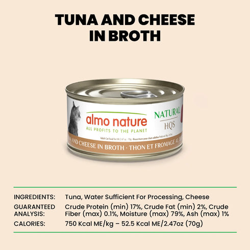 Almo Nature Natural HQS Wet Cat Food - Tuna & Cheese in Broth - 2.47oz Can