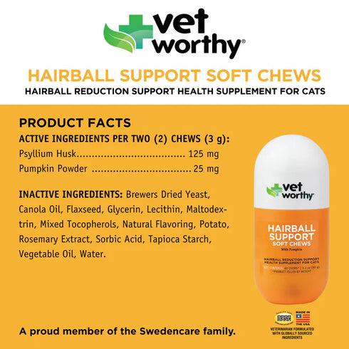 Vet Worthy Hairball Support With Pumpkin Chews For Cats - 60 Count