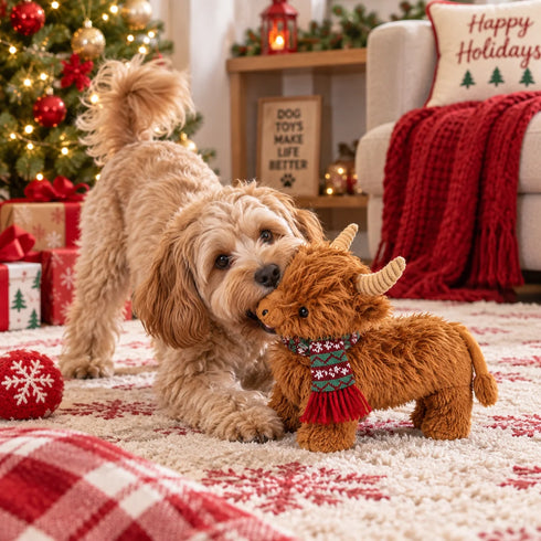 Petlou Christmas Golden Highland Cow Dog Toy - 12"
