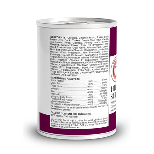 Dave's Pet Food Restricted Hip & Joint Support Wet Dog Food - Chicken. Duck, & Turkey - 13.2oz Can