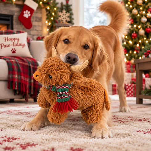 Petlou Christmas Golden Highland Cow Dog Toy - 16"