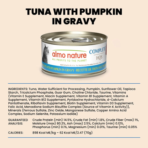 Almo Nature Complete HQS Wet Cat Food - Tuna Recipe w/ Pumpkin in Gravy - 2.47oz Can