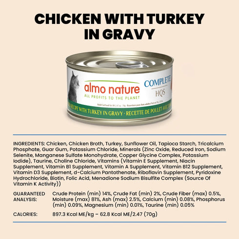 Almo Nature Complete HQS Wet Cat Food - Chicken Recipe w/ Turkey in Gravy - 2.47oz Can
