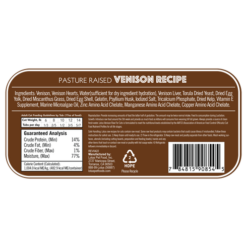 Lotus Pet Food Frozen Raw Cat Food - Venison - 3.5oz Tub