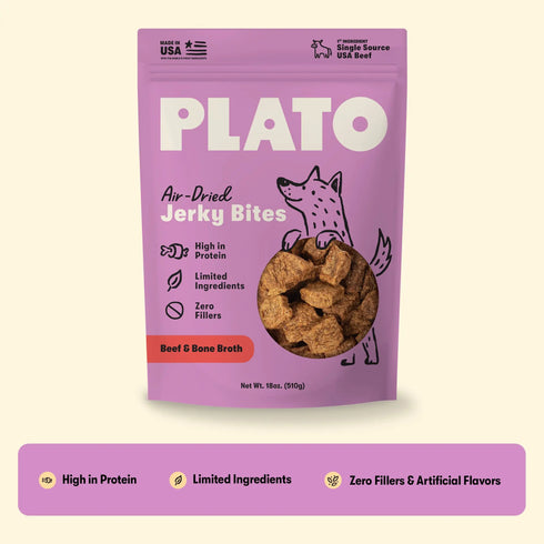 Plato Jerky Bites Air-Dried Dog Treats - Beef Bites with Bone - 6oz Pouch