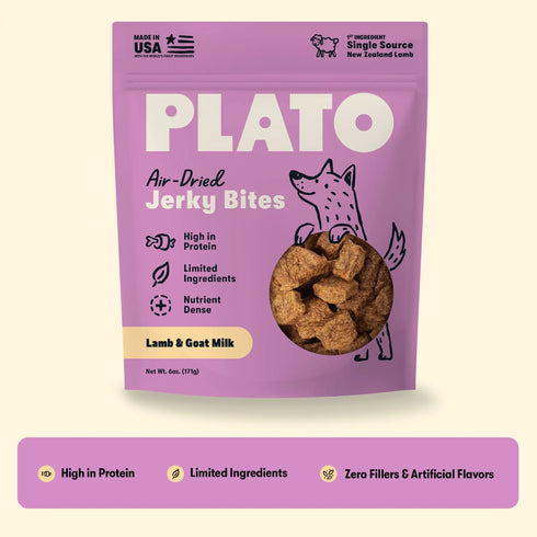 Plato Jerky Bites Air-Dried Dog Treats - Lamb with Bone Broth- 6oz Pouch