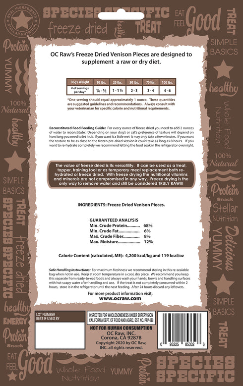 OC Raw Freeze Dried Cat & Dog Treats - Venison Pieces - 4oz Pouch