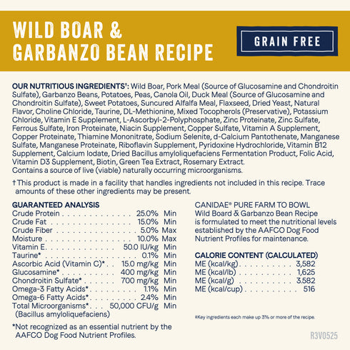 Canidae Pure Farm To Bowl Grain Free Dry Dog Food - Wild Boar & Garbanzo Bean - 22lbs Bag