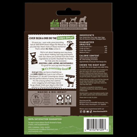 Earth Animal No-Hide Pork Stix Dog Treats - 20ct - 3.2oz Pouch
