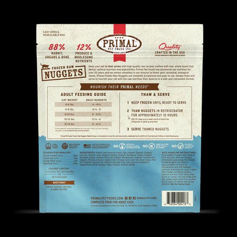 Primal Nuggets Frozen Raw Cat Food - Rabbit - 3lb Bag
