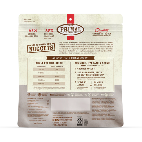 Primal Freeze Dried Raw Nuggets Dog Food - Venison - 14oz Pouch