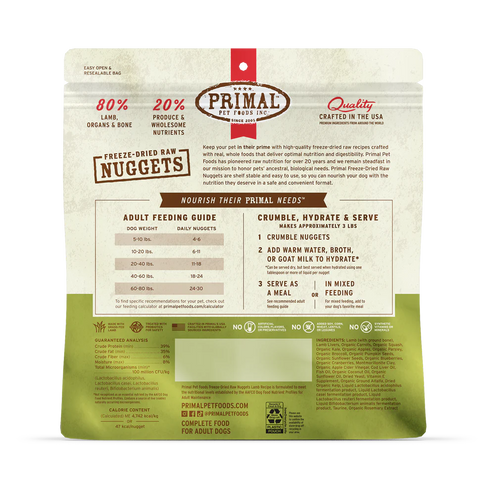 Primal Freeze Dried Raw Nuggets Dog Food - Lamb - 14oz Pouch