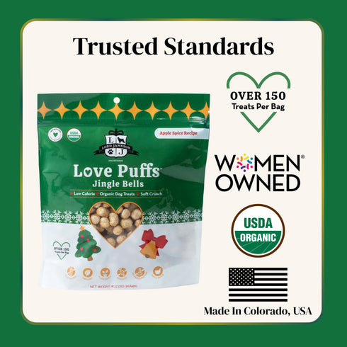 Lord Jameson Love Puffs Jingle Bells Organic Dog Treats - Holiday Apple - 4oz Pouch