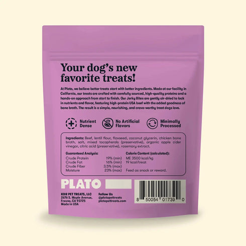 Plato Jerky Bites Air-Dried Dog Treats - Beef Bites with Bone - 6oz Pouch