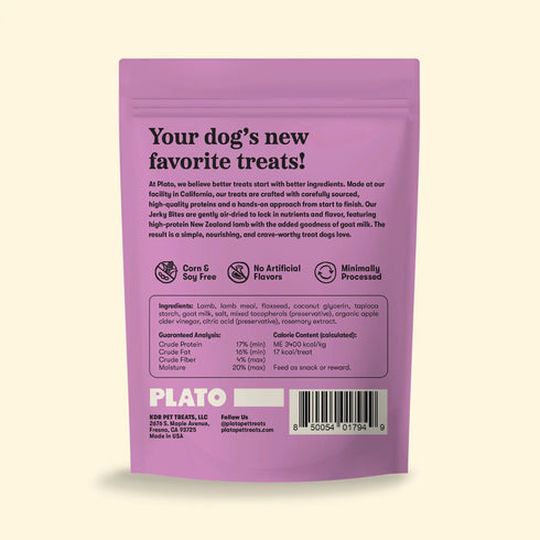 Plato Jerky Bites Air-Dried Dog Treats - Lamb with Bone Broth- 6oz Pouch