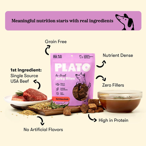 Plato Jerky Bites Air-Dried Dog Treats - Beef Bites with Bone - 6oz Pouch