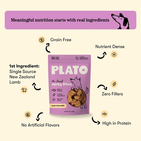 Plato Jerky Bites Air-Dried Dog Treats - Lamb with Bone Broth- 6oz Pouch