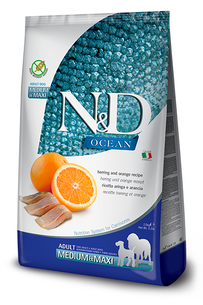 Farmina N&D Ocean Grain Free Dry Dog Food - Herring & Orange, Medium/Maxi Kibble - 26.4lb Bag