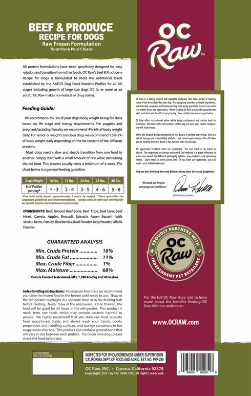 OC Raw Mini Patties Frozen Raw Dog Food - Beef & Produce - 4lb Bag