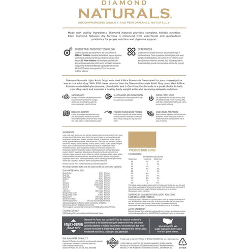 Diamond Naturals Light Adult Dog Lamb Meal & Rice Dry Dog Food 15lb - Poudre Pet and Feed Supply