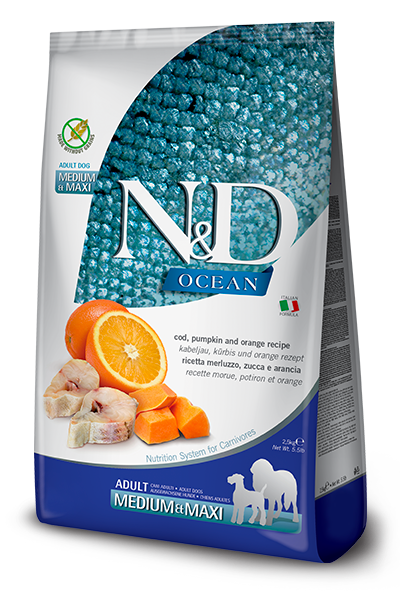 Farmina N&D Ocean Grain Free Dry Dog Food - Cod, Pumpkin, & Orange, Medium/Maxi Kibble - 26.4lb Bag