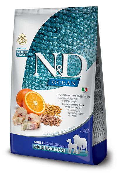 Farmina N&D Ocean Ancestral Grain Dry Dog Food - Cod, Spelt, Oats, & Orange, Medium/Maxi Kibble - 5.5lb Bag