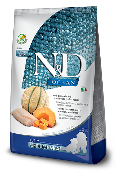 Farmina N&D Ocean Grain Free Puppy Dry Dog Food - Cod, Pumpkin, & Cantaloupe, Medium/Maxi Kibble - 26.4lb Bag