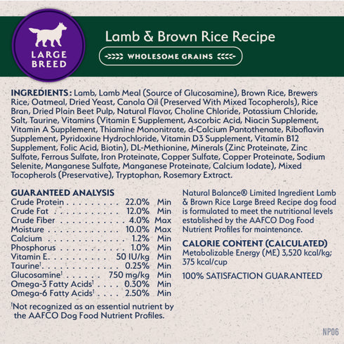 Natural Balance Limited Ingredient Large Breeds Dry Dog Food - Lamb & Brown Rice - 26lb Bag