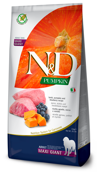 Farmina N&D Pumpkin Grain Free Dry Dog Food - Lamb & Blueberry, Maxi/Giant Kibble - 26.4lb Bag