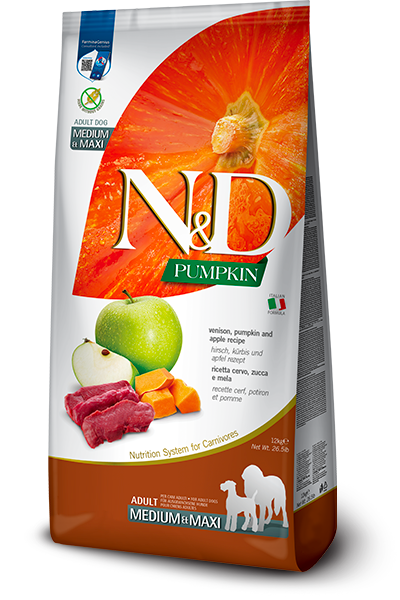 Farmina N&D Pumpkin Grain Free Grain Dry Dog Food - Venison & Apple, Medium/Maxi Kibble - 26.4lb Bag