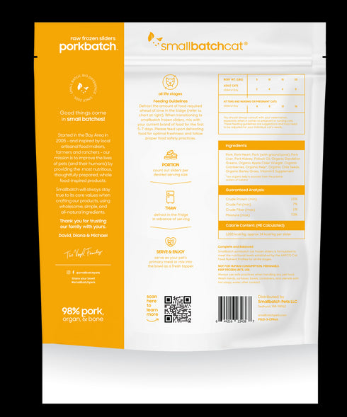 Smallbatch Sliders Frozen Raw Cat Food - Pork - 3lb Bag