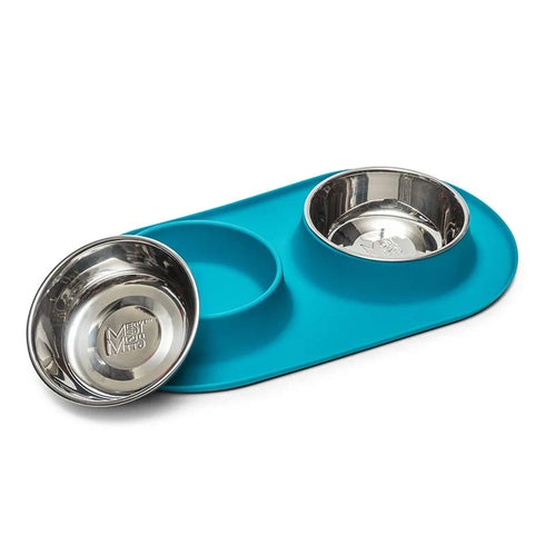 Messy Mutts Double Feeder Stainless Dog Bowl - 1.5 Cups Per Bowl - Blue