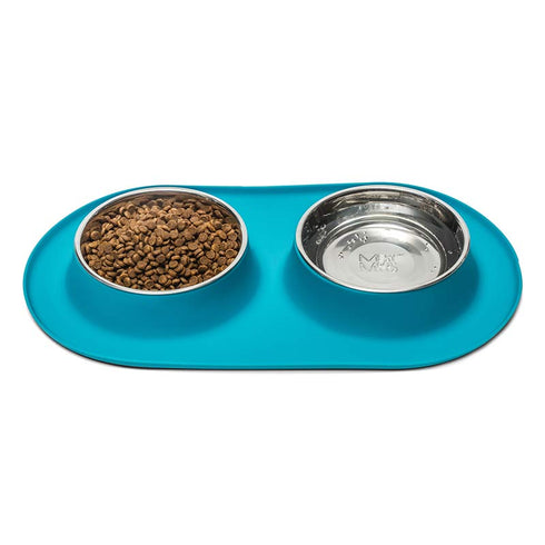 Messy Mutts Double Feeder Stainless Dog Bowl - 1.5 Cups Per Bowl - Blue