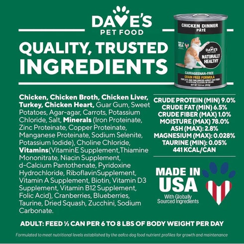 Dave's Pet Food Naturally Healthy Grain Free Wet Cat 12.5oz CanFood - Chicken Pate -