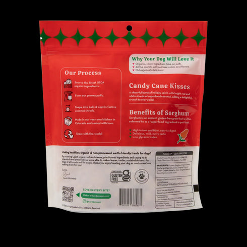 Lord Jameson Love Puffs Candy Cane Kisses Organic Dog Treats - Coconut - 4oz Pouch
