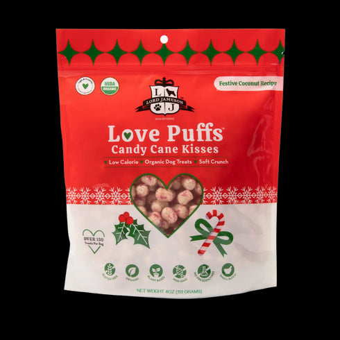 Lord Jameson Love Puffs Candy Cane Kisses Organic Dog Treats - Coconut - 4oz Pouch