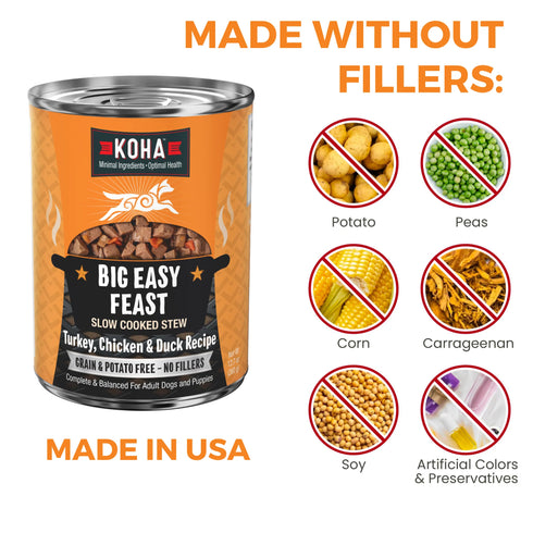 Koha Slow Cooked Stews Wet Dog Food - Big Easy Feast: Turkey, Chicken, & Duck - 12.7oz Can