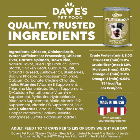 Dave's Pet Food Stewlicious Wet Dog Food - Chunky Chicken & Rice - 13.2oz Can