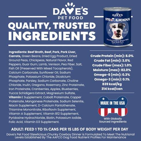 Dave's Pet Food Stewlicious Wet Dog Food - Chunky Cowboy Dinner With Beef & Prok - 13oz can