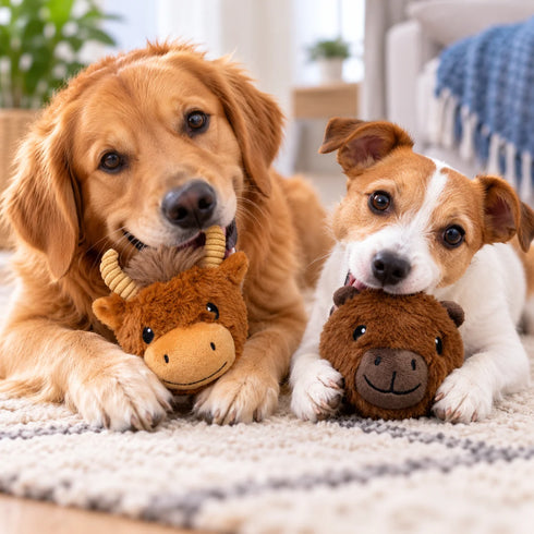 Petlou Ez Squeaky Capybara & Highland Cow Ball Dog Toy - Twin Pack - 4"