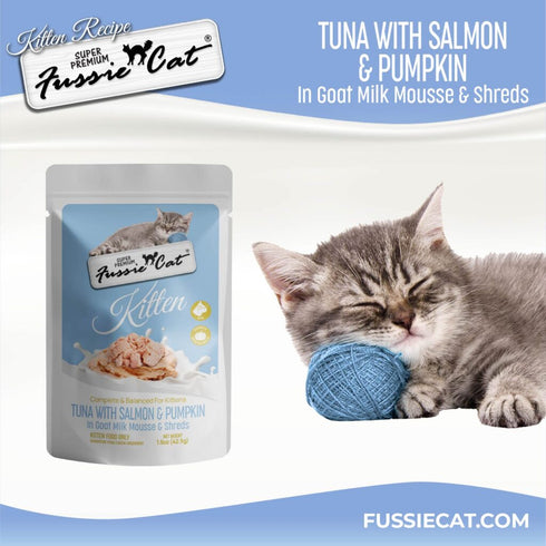 Fussie Cat Kitten Super Premium Goat Milk Mousse & Shreds Wet Cat Food - Tuna, Salmon, & Pumpkin - 1.5oz Pouch