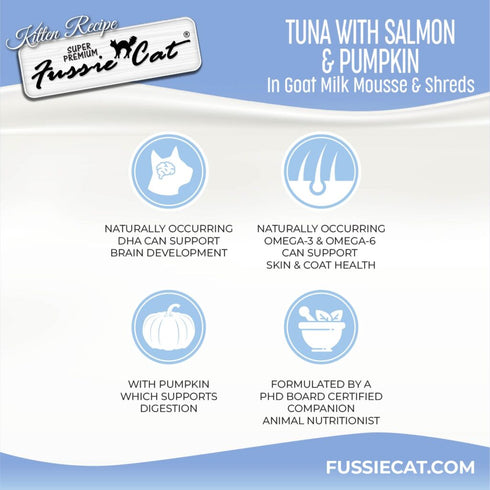 Fussie Cat Kitten Super Premium Goat Milk Mousse & Shreds Wet Cat Food - Tuna, Salmon, & Pumpkin - 1.5oz Pouch