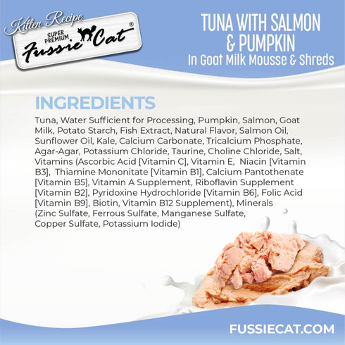 Fussie Cat Kitten Super Premium Goat Milk Mousse & Shreds Wet Cat Food - Tuna, Salmon, & Pumpkin - 1.5oz Pouch