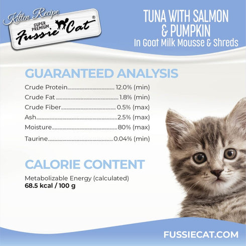 Fussie Cat Kitten Super Premium Goat Milk Mousse & Shreds Wet Cat Food - Tuna, Salmon, & Pumpkin - 1.5oz Pouch