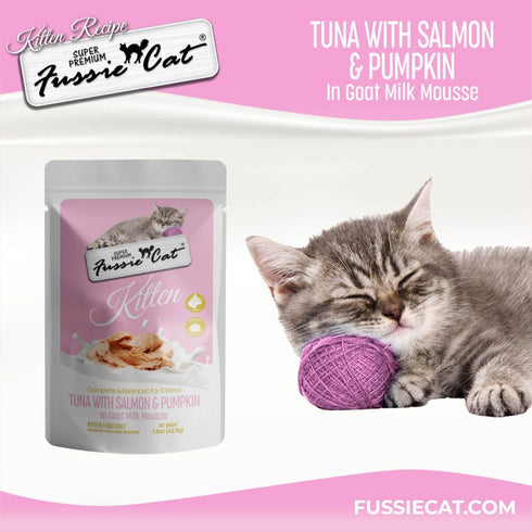 Fussie Cat Kitten Super Premium Goat Milk Mousse Wet Cat Food - Tuna, Salmon, Pumpkin - 1.5oz Pouch