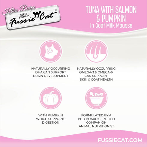 Fussie Cat Kitten Super Premium Goat Milk Mousse Wet Cat Food - Tuna, Salmon, Pumpkin - 1.5oz Pouch