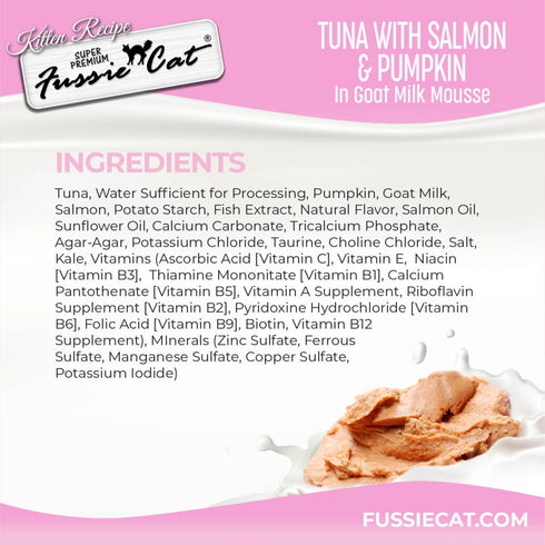 Fussie Cat Kitten Super Premium Goat Milk Mousse Wet Cat Food - Tuna, Salmon, Pumpkin - 1.5oz Pouch